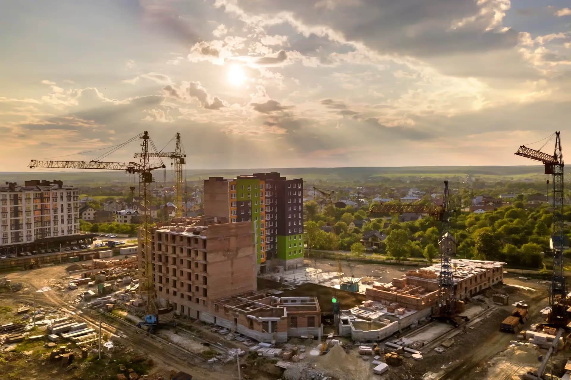 Aerial view of an active building site and foundations